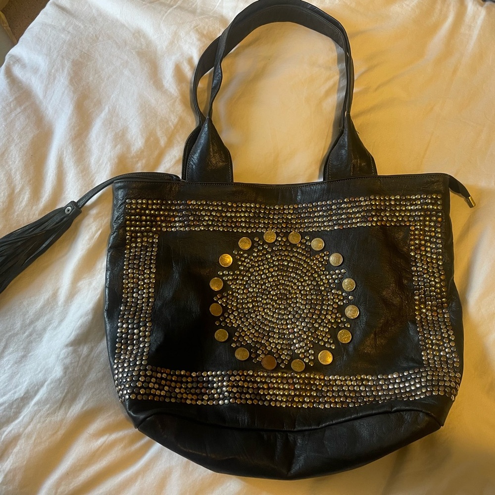 One of a kind Moroccan Black Leather mixed metal Studded Coin Bag
